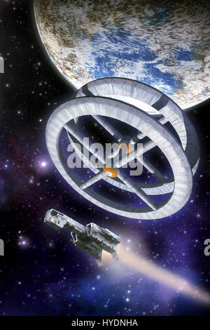 Orbitale Raumstation ISS und Space Fighter 3D Render Science-Fiction Abbildung Stockfoto