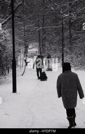 London, UK – 20. Januar 2013: & Schwarz-weiß Bild von Menschen genießen ein Winterspaziergang bei einem schweren Sturz von Schnee auf Wandsworth Common Stockfoto