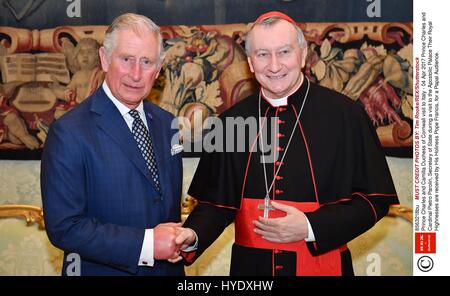 Der Prince Of Wales schüttelt Hände mit Kardinal Pietro Parolin, Staatssekretär des Heiligen Stuhls, bei einem Besuch in den Apostolischen Palast im Vatikan. Stockfoto