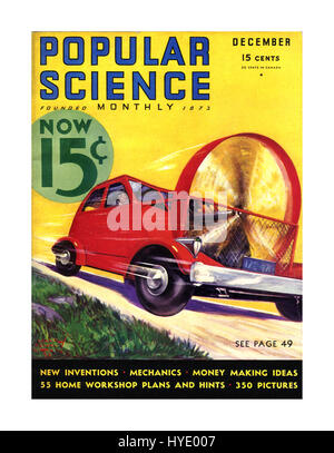 Monatszeitschrift Popular Science der 30er Jahre Dezember 1932 Frontcover mit futuristischem Auto, angetrieben von drehbaren Lüfterblättern. Deckungspreis bei 15 Cent Stockfoto