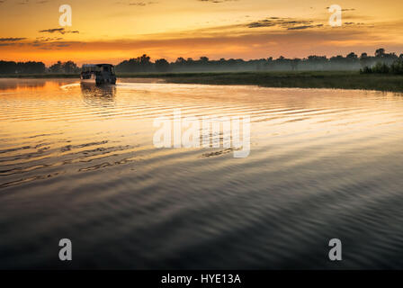 Einzigen Boot am Yellow Water Billabong in goldenen Morgendämmerung, Northern Territories, Australien Stockfoto