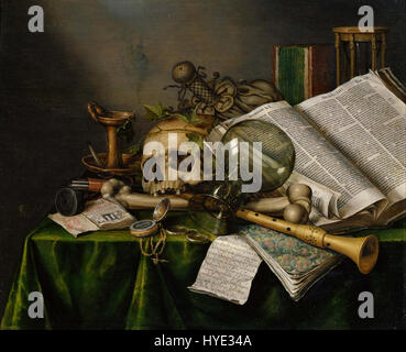 Dieses Vanitas still Life von Edwaert Collier enthält Bücher, Manuskripte und einen Schädel, der die Vergänglichkeit des Lebens und die Sinnlosigkeit materieller Verfolgungen symbolisiert. Das Gemälde reflektiert Themen der Sterblichkeit und des Wissens im Barock. Stockfoto