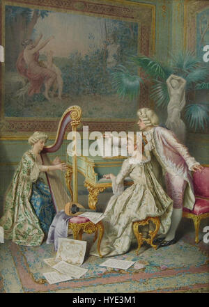 Francesco Ballesios Rokoko-Szene aus dem späten 19. Jahrhundert zeigt die Opulenz und Eleganz des Rokoko-Stils. Das Gemälde zeigt komplizierte Details, zarte Figuren und sanfte Farbtöne, die typisch für diese Zeit sind und Themen wie Luxus, Romantik und aristokratisches Leben widerspiegeln. Stockfoto