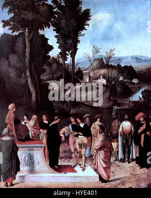 Feuerprobe des Mosesknaben von Giorgione ist ein Renaissance-Gemälde, das eine Szene aus der biblischen Geschichte Moses darstellt. Das Kunstwerk erforscht Themen des Glaubens, der göttlichen Prüfung und der moralischen Prüfung und nutzt Giorgiones unverwechselbaren Gebrauch von Licht und Farbe, um eine kraftvolle Erzählung zu vermitteln. Stockfoto