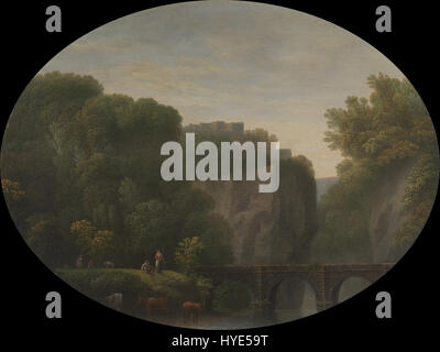 John Taylor von Bath's Gemälde „Eine Brücke über den Fluss Wye“ fängt einen malerischen Blick auf den Fluss und die umliegende Landschaft ein. Die Arbeit betont die Harmonie zwischen der natürlichen Umgebung und den vom Menschen geschaffenen Strukturen. Stockfoto