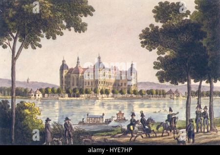 Eine historische Darstellung der Burg Moritzburg, einer königlichen Residenz im Barockstil in der Nähe von Dresden. Das Gemälde fängt die architektonische Pracht des Schlosses ein, umgeben von üppigen Landschaften, die die Umgebung aus dem 18. Jahrhundert widerspiegeln. Stockfoto