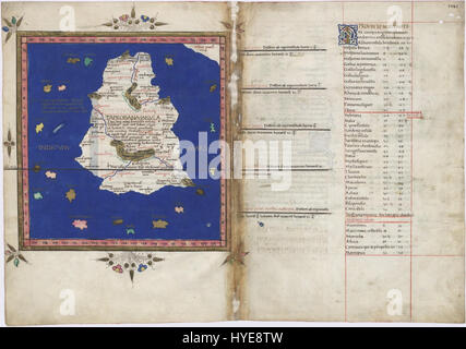 Ptolemäus 'Cosmographia' von 1467 enthält eine der frühesten bekannten Karten Sri Lankas. Diese Arbeit stellt das fortgeschrittene kartographische Wissen der Zeit dar, mit detaillierten geografischen Merkmalen und einem Einblick in die Sichtweise der antiken Welt nach Asien. Die Karte ist eine wichtige historische Referenz in der Untersuchung der frühen Kartierung. Stockfoto