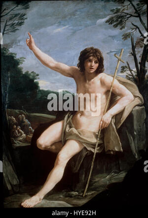 Guido Renis „Johannes der Täufer in der Wildnis“ zeigt die biblische Figur des Heiligen Johannes in einer ruhigen, natürlichen Umgebung. Das Gemälde fängt sowohl seine spirituelle Isolation als auch seine Verbindung zur Natur ein. Stockfoto