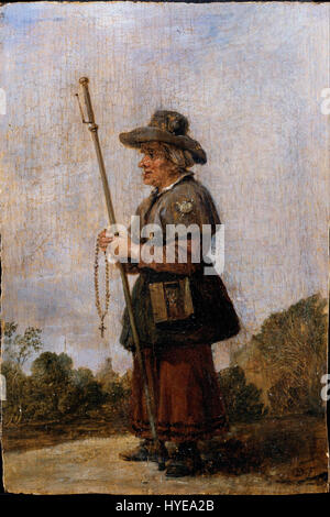 David Teniers der Jüngere stellt eine Frau in traditioneller Pilgerkleidung dar und fängt die Einfachheit und würde einer religiösen Reise ein. Das Werk zeigt Teniers’ Können in der Genremalerei und konzentriert sich dabei auf den Alltag und die religiöse Hingabe im 17. Jahrhundert. Stockfoto