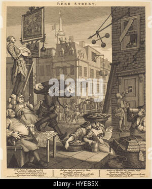 „Beer Street“ ist ein satirisches Gemälde von William Hogarth, das 1751 geschaffen wurde und die Vorteile von Bier mit den Nachteilen des Gins kontrastiert. Es ist Teil von Hogarths Serie über die moralischen Folgen des Alkoholkonsums im London des 18. Jahrhunderts. Stockfoto