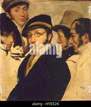 Francesco Hayez zeigt in seinem „Selbstporträt in einer Gruppe von Freunden“ den Künstler mit seinen engen Gefährten. Das Gemälde unterstreicht die Verbindung zwischen Hayez und seinen Gleichaltrigen und spiegelt die kulturellen und sozialen Verbindungen italienischer Intellektueller und Künstler des 19. Jahrhunderts wider. Stockfoto