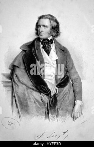 Franz Liszt, ein ungarischer Komponist und virtuoser Pianist, war eine führende Figur der Musik des 19. Jahrhunderts. Seine Werke sind bekannt für ihre technische Schwierigkeit und emotionale Tiefe, was ihn zu einem der einflussreichsten Komponisten seiner Zeit macht. Stockfoto