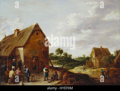 David Teniers der Jüngere „Bauern außerhalb und Gasthof“ zeigt eine ländliche Szene mit Bauern, die täglich vor einer Taverne tätig sind. Das Gemälde zeigt eine lebendige und detaillierte Momentaufnahme des flämischen Dorflebens aus dem 17. Jahrhundert. Stockfoto