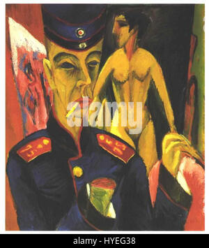 Ernst Ludwig Kirchners Selbstbildnis als Soldat zeigt den Künstler in Militäruniform während des Ersten Weltkriegs. Das expressionistische Werk spiegelt Kirchners psychologischen Zustand und das Trauma des Krieges wider. Stockfoto