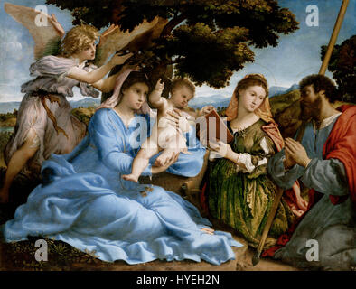 Lorenzo Lottos „Madonna und Kind mit den Heiligen Katharina und Thomas“ veranschaulicht das Genre der heiligen Konversation (sacra conversazione) mit detailliertem religiösen Symbolismus. Stockfoto
