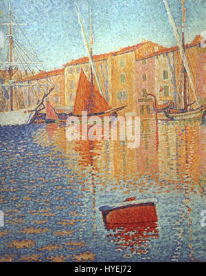 „La Bouée rouge“ (die rote Boje), ein pointillistisches Werk des französischen Künstlers Paul Signac, zeigt Signacs charakteristischen Stil, kleine Farbpunkte zu verwenden, um die Lebendigkeit und Bewegung der Szene einzufangen. Stockfoto
