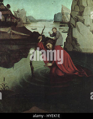 Der heilige Christoph ist eine beliebte christliche Figur, die oft als Riese dargestellt wird, der das Christuskind über einen Fluss trägt. In diesem Stück wird sein Bild mit einem Hauch von Humor oder witz interpretiert, gemeinhin als „witz“ bezeichnet, was auf spielerische oder unbeschwerte Kunst verweist. Stockfoto