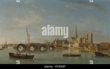 Der Bau der Westminster Bridge, ein Ölgemälde auf Leinwand von Samuel Scott, circa 1742, das den Bau der Westminster Bridge in London darstellt. Stockfoto