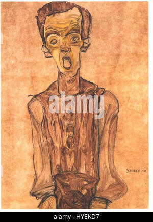 Selbstbildnis ist ein Gemälde des österreichischen Künstlers Egon Schiele aus dem Jahr 1910, das seinen unverwechselbaren expressionistischen Stil widerspiegelt. Stockfoto