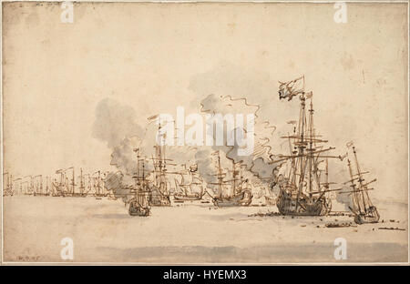 Willem van de Velde der Jüngere in der „Seebeschlacht bei la Hogue“ um 1701 fängt den Seekrieg zwischen englischer und französischer Flotte ein. Das Gemälde ist eine dramatische Darstellung der Intensität der Schlacht und zeigt Van de Veldes Expertise in der Meeresmalerei. Stockfoto