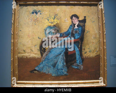 William Merritt Chase, ein amerikanischer Porträtmaler, schuf ein bekanntes Porträt von Dora Wheeler, einer bedeutenden Persönlichkeit in der amerikanischen Kunstgeschichte. Das Gemälde fängt ihre raffinierte Eleganz und den modischen Stil der Zeit ein und spiegelt Chases Fähigkeit wider, Porträts mit lebendigen Farben und detaillierter Technik zu kombinieren. Stockfoto