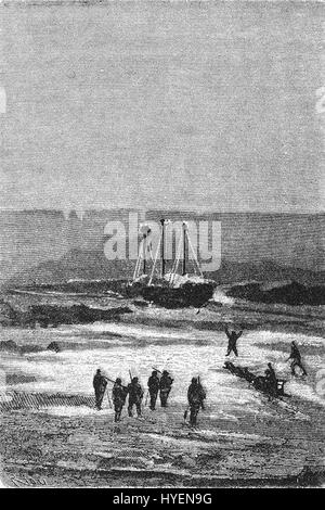 „Das Eisfeld“ von Riou und Montaut zeigt eine eisbedeckte Landschaft, die wahrscheinlich die arktische oder antarktische Region repräsentiert. Diese Arbeit veranschaulicht die raue und raue Umgebung und betont die Isolation und Weite gefrorener Landschaften. Stockfoto