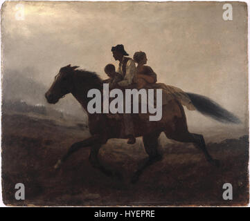 Dieses Gemälde von Eastman Johnson, „A Ride for Liberty: The Fugitive Slaves“, fängt die emotionale Reise flüchtiger Sklaven ein, die Freiheit in den Vereinigten Staaten suchen, und betont Themen wie Mut und Hoffnung. Stockfoto