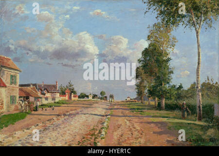 *Route de Versailles, Rocquencourt* von Camille Pissarro fängt eine malerische Landschaft entlang der Straße nach Versailles ein. Das im späten 19. Jahrhundert gemalte Werk zeigt die ländliche Umgebung und die natürliche Schönheit der französischen Landschaft und zeigt Pissarros charakteristischen impressionistischen Stil mit seiner lebhaften Darstellung von Licht und Atmosphäre. Stockfoto