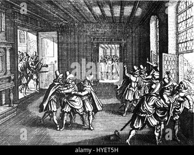 Die Verteidigung Prags 1618 war ein Schlüsselereignis in der europäischen Geschichte, bei dem zwei katholische Beamte aus einem Fenster geworfen wurden, was den Beginn des Dreißigjährigen Krieges und den Konflikt zwischen Protestanten und Katholiken markierte. Stockfoto