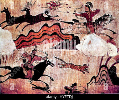 Dieses historische Kunstwerk zeigt das Bogenschießen zu Pferd, eine Kunst, die von verschiedenen alten Kulturen praktiziert wurde, insbesondere in Zentralasien während des 4. Jahrhunderts n. Chr.. Die Szene spiegelt die taktische Bedeutung der berittenen Bogenschützen in dieser Zeit wider. Stockfoto
