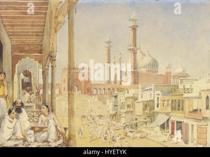 Dieses Aquarell-Gemälde aus dem Jahr 1852 zeigt die Jama Masjid, eine der größten Moscheen Indiens in Delhi. Das Kunstwerk fängt die Pracht und architektonischen Details dieses ikonischen islamischen Bauwerks ein. Stockfoto