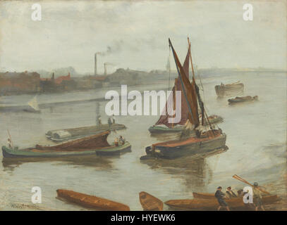 Dieses Gemälde von James McNeill Whistler mit dem Titel *Grey and Silver: Old Battersea REACH* fängt die ruhige, aber dramatische Atmosphäre der Themse nahe Battersea in gedämpften Tönen ein, die für Whistlers atmosphärischen Stil charakteristisch sind. Stockfoto