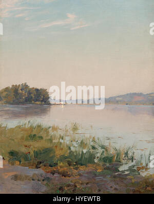 „Summer on the Hudson“ von Walter Launt Palmer zeigt eine ruhige Landschaftsszene entlang des Hudson River und zeigt sein Talent, Licht- und Wasserreflexionen in impressionistischem Stil einzufangen. Stockfoto