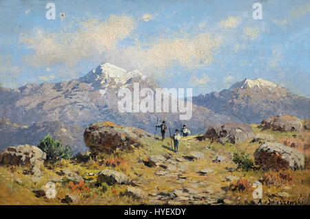 Swieszewski W Alpach ist ein Werk, das eine Szene in den Alpen darstellt und wahrscheinlich von einem Künstler namens Swieszewski gemalt wurde. Das Gemälde betont wahrscheinlich die majestätische Schönheit der alpinen Berge mit schneebedeckten Gipfeln und dramatischen Landschaften, die das Wesen der natürlichen Schönheit und Pracht der Region einfangen. Stockfoto