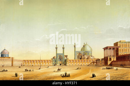 Der Naqsh-e Jahan-Platz in Isfahan, Iran, wurde von Pascal Coste in seinen Architekturstudien erobert. Der Platz, einer der größten der Welt, ist bekannt für seine atemberaubende Architektur aus der Safawiden-Ära, einschließlich der Shah Moschee und dem Ali Qapu Palast. Stockfoto