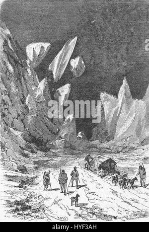 „The Field of Ice“ von Riou und Montaut zeigt eine dramatische Szene einer eisigen Landschaft, die wahrscheinlich mit einer Entdeckungsreise oder einem maritimen Thema zusammenhängt. Das Bild zeigt die harte, unerbittliche Natur des Eisfeldes und die Herausforderungen, denen sich die Entdecker gegenübersehen. Die Verwendung von Licht und Schatten unterstreicht die krasse Schönheit und Gefahr des gefrorenen Geländes. Stockfoto