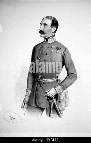 Diese Lithografie von Anton Jellacic zeigt die Fähigkeit des Künstlers, historische Figuren und Ereignisse stilisiert und realistisch darzustellen. Jellacics Lithografien, die für seine Werke im 19. Jahrhundert bekannt sind, spiegeln oft die politischen und kulturellen Themen seiner Zeit wider. Stockfoto