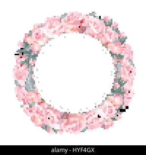 Vektor-runden Rahmen Kranz Muster mit Rosen, rosa Blütenknospen, Zweige und Blätter, die isoliert auf weißem Hintergrund. Stock Vektor