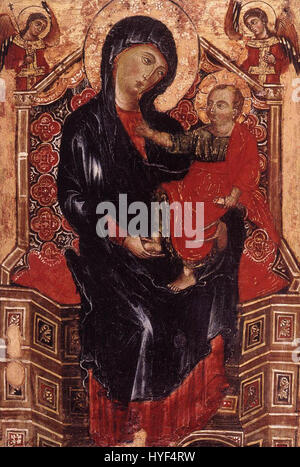 Deodato di Orlandis „Jungfrau und Kind thront zwischen zwei Erzengeln“ ist ein religiöses Gemälde, das die Jungfrau Maria und das Kind zeigt, mit zwei Erzengeln auf beiden Seiten. Das Werk zeichnet sich durch seine göttliche Darstellung und Komposition aus. Stockfoto