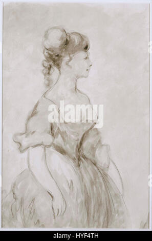 Constantin Guys Gemälde „Lady in Crinoline“ fängt die Eleganz und Mode des 19. Jahrhunderts ein und zeigt eine Frau in einem Krinoline, einem beliebten Kleidungsstück der damaligen Zeit. Stockfoto