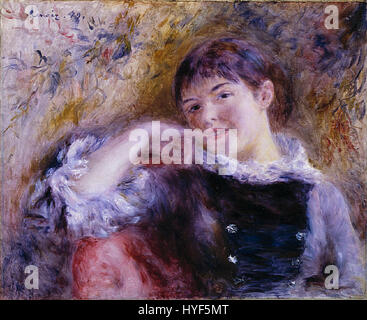 *The Dreamer* von Pierre-Auguste Renoir fängt eine junge Frau in einer entspannten, introspektiven Pose ein. Renoir' charakteristische Verwendung von leichten und weichen Pinselstrichen verleiht dem Stück ein Gefühl der Ruhe und ruft einen friedlichen Moment der Besinnung hervor. Stockfoto