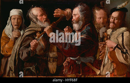 „The Musicians' Brawl“ von Georges de La Tour zeigt eine Szene des Konflikts unter Musikern. Das Gemälde zeichnet sich durch seine dramatische Verwendung von Licht und Schatten aus, ein Markenzeichen des Barock, und fängt einen angespannten, intimen Moment ein. Stockfoto