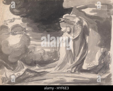 „Miranda, Prospero, and Caliban“ von George Romney veranschaulicht Schlüsselfiguren aus Shakespeares „der Sturm“. Das Gemälde zeigt Miranda, die Tochter von Prospero, die mit dem monströsen Caliban interagiert und dabei die emotionale Spannung der Themen Macht und Unschuld einfängt. Stockfoto