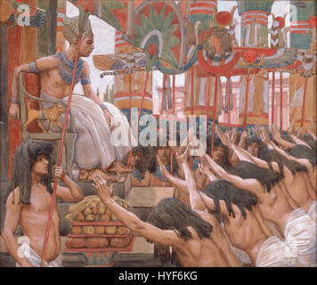 *Joseph wohnt in Ägypten* von James Jacques Joseph Tissot stellt eine biblische Szene dar, die die Figur Josephs zeigt, die in Ägypten lebt. Das Gemälde fängt einen Moment aus der Geschichte des Alten Testaments mit satten Farben und detaillierten Figuren ein und hebt die Themen Glauben und Ausdauer hervor. Stockfoto