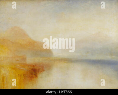 „Inverary Pier, Loch Fyne Morning“ von Joseph Mallord William Turner zeigt die ruhige Landschaft von Loch Fyne mit dem Licht am frühen Morgen, das Reflexionen auf dem Wasser wirft. Das Gemälde zeigt Turners Beherrschung von Licht und Atmosphäre, die für seinen romantischen Stil charakteristisch sind. Stockfoto