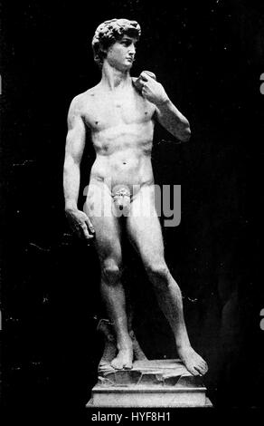 Das Kunstwerk „David“ aus der Serie „Leben von Michael Angelo“ aus dem Jahr 1912 zeigt die berühmte Statue des Künstlers David und konzentriert sich auf die Beherrschung der Renaissance-Skulptur und Michelangelos künstlerisches Erbe. Stockfoto