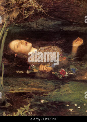 Dies ist ein Detail aus John Everett Millais berühmtem Gemälde Ophelia, das die tragische Figur von Ophelia im Wasser darstellt und viktorianische Themen wie Liebe, Wahnsinn und Tod widerspiegelt. Stockfoto