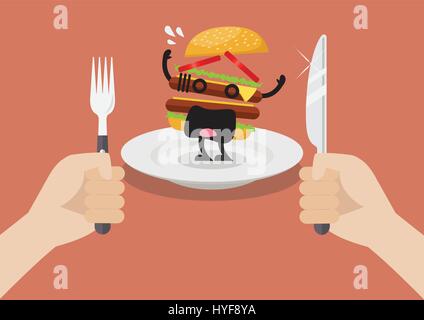 Mann bereiten Angst Burger Essen. Vektor-illustration Stock Vektor