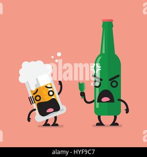 Wütend Bierflasche mit Glas Bier Charakter. Lustige Comic-emoticons Stock Vektor