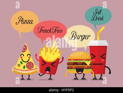 Gruppe von freundlichen Fast-Food-Zeichen. Lustiger Charakter Stock Vektor